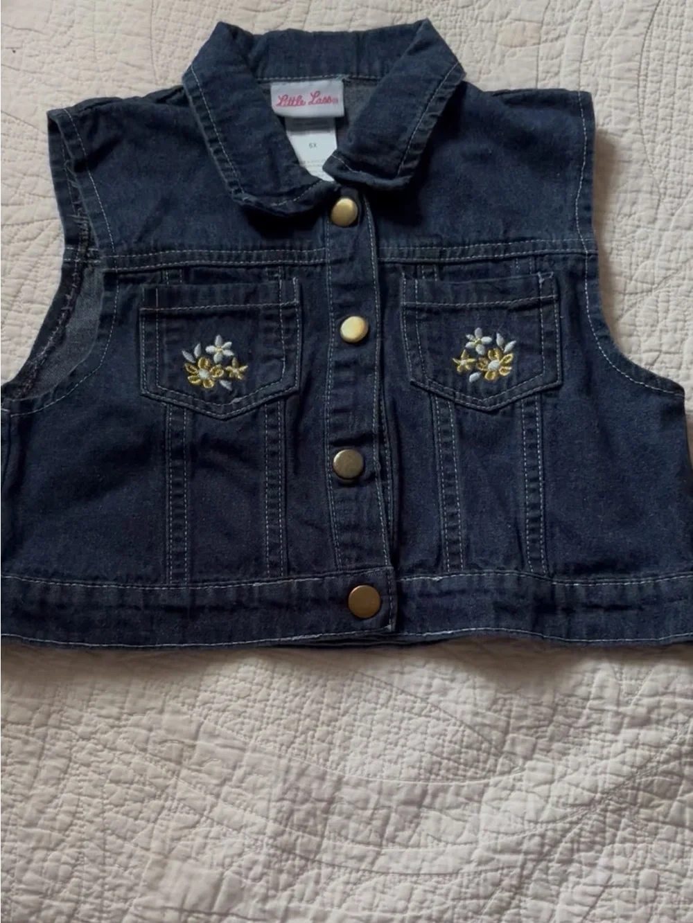 Little Lass Navy Denim Jacket and Vest Set with Tan Collar & Floral Embroidery